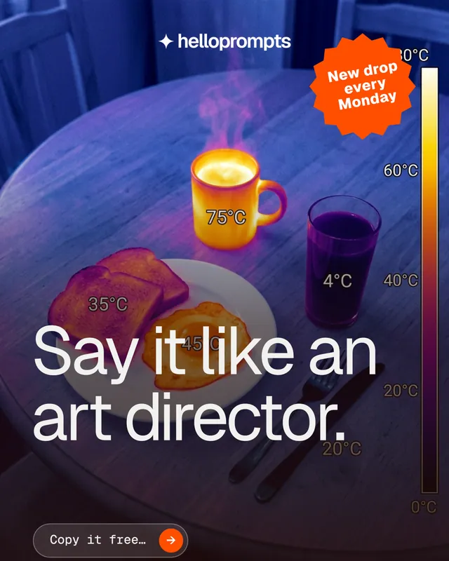 Instagram portrait post for HelloPrompts: "Say it like an art director." Agentic glass style, sticker layout, dark palette in purple, grey, blue.