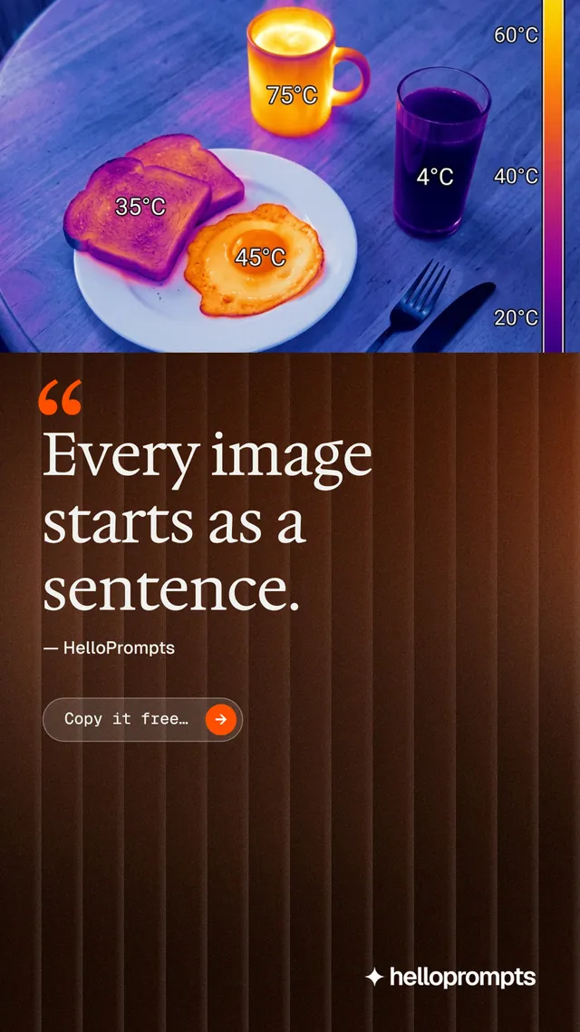 Instagram story for HelloPrompts: "Every image starts as a sentence." Agentic glass style, quote layout, dark palette in red, black, blue.