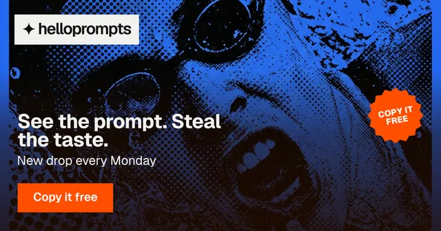 Social ad for HelloPrompts: "See the prompt. Steal the taste." Swiss style, sticker layout, dark palette in black, blue.