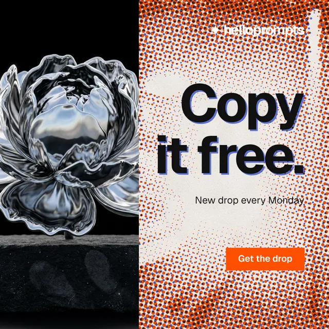 Instagram post for HelloPrompts: "Copy it free." Swiss style, right layout, light palette in black, red, orange.