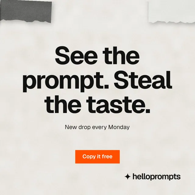 Instagram post for HelloPrompts: "See the prompt. Steal the taste." Swiss style, centred layout, light palette in white, grey.