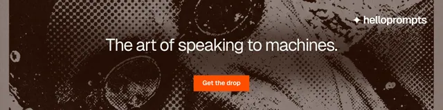 LinkedIn banner for HelloPrompts: "The art of speaking to machines." Swiss style, centred layout, dark palette in grey, black, orange.
