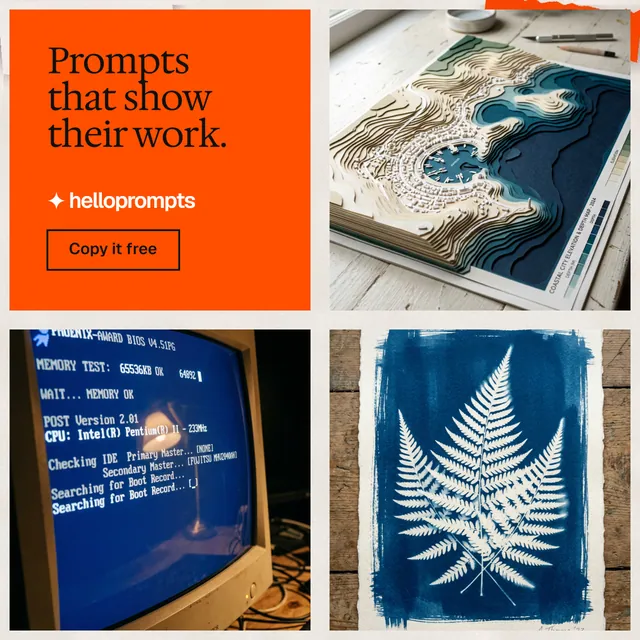 Instagram post for HelloPrompts: "Prompts that show their work." Editorial style, collage layout, light palette in blue, orange, grey.
