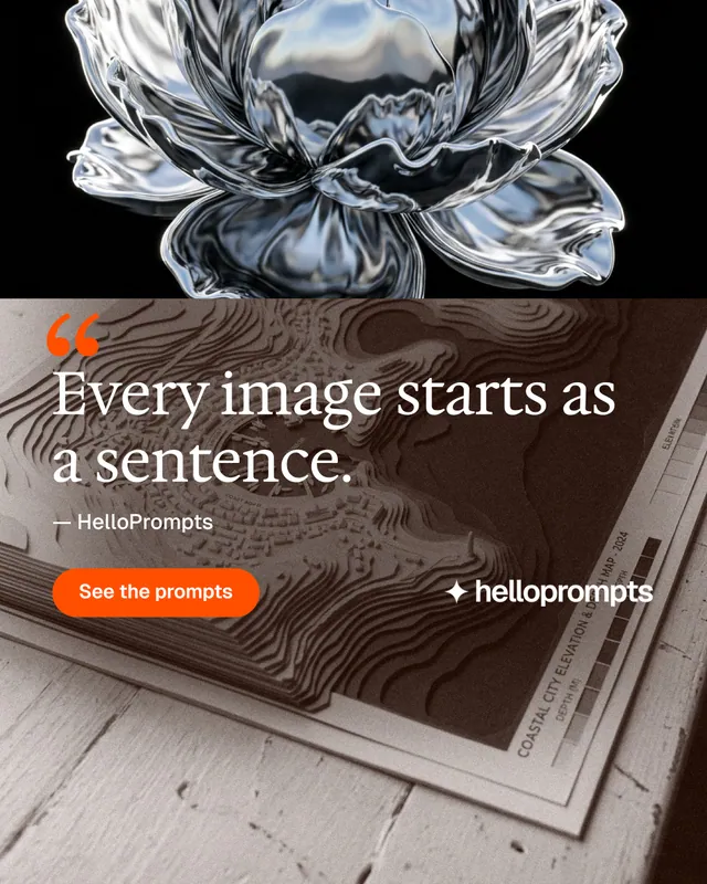 Instagram portrait post for HelloPrompts: "Every image starts as a sentence." Photo poster style, quote layout, dark palette in black, orange, grey.