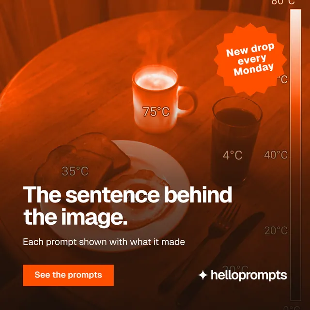 Instagram post for HelloPrompts: "The sentence behind the image." Swiss style, sticker layout, dark palette in black, orange.