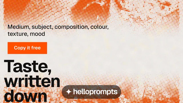 Landscape graphic for HelloPrompts: "The art of speaking to machines." Swiss style, oversized layout, light palette in orange, brown, white.