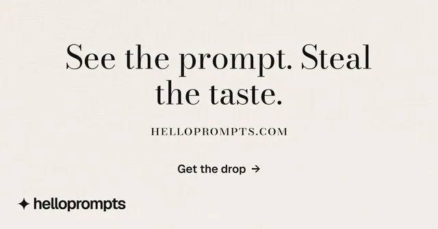 Social ad for HelloPrompts: "See the prompt. Steal the taste." Minimal luxury style, smallcaps layout, light palette in white.
