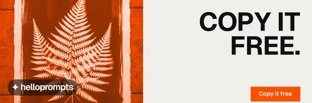 X header for HelloPrompts: "Copy it free." Swiss style, right layout, light palette in white, orange.