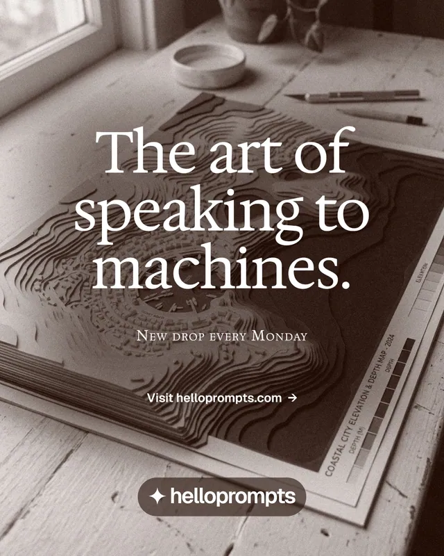 Instagram portrait post for HelloPrompts: "The art of speaking to machines." Editorial style, smallcaps layout, light palette in grey, orange.