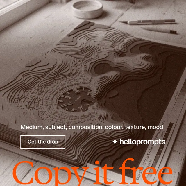 Instagram post for HelloPrompts: "Copy it free." Editorial style, oversized layout, dark palette in orange, grey.
