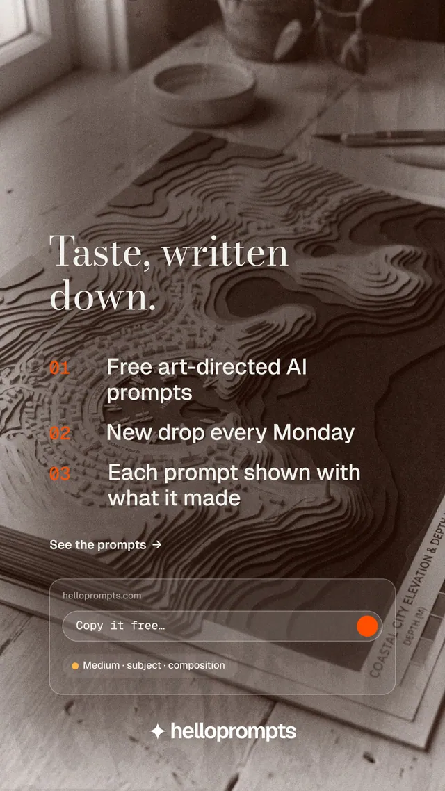 Instagram story for HelloPrompts: "Taste, written down." Minimal luxury style, numbered layout, dark palette in grey, orange.