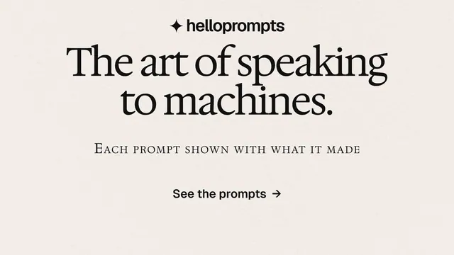 Landscape graphic for HelloPrompts: "The art of speaking to machines." Swiss style, smallcaps layout, light palette in white, grey.