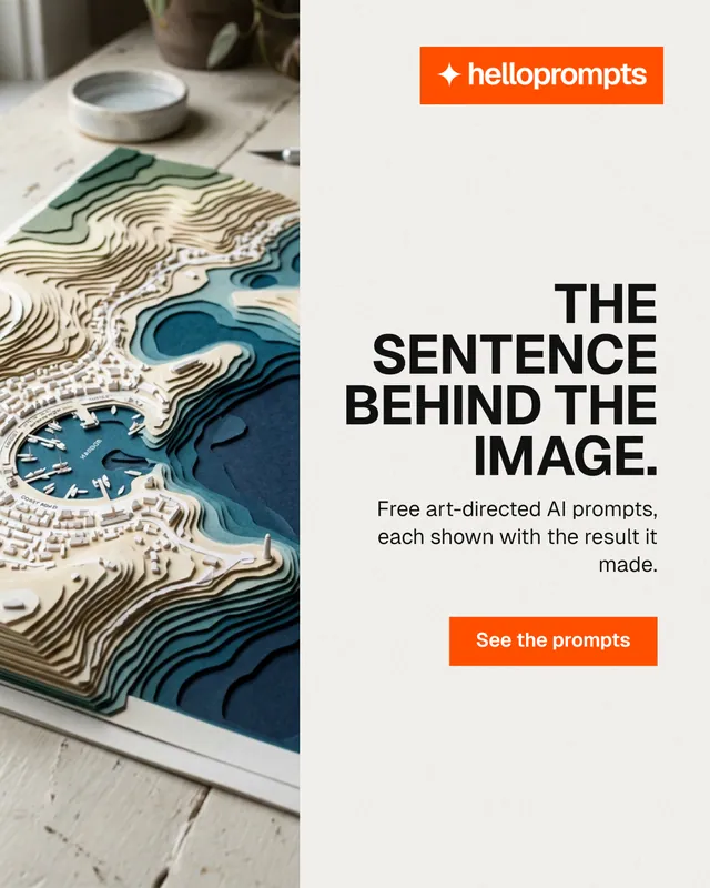 Instagram portrait post for HelloPrompts: "The sentence behind the image." Swiss style, right layout, light palette in white, grey.
