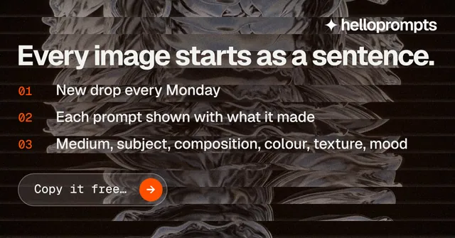 Social ad for HelloPrompts: "Every image starts as a sentence." Agentic glass style, numbered layout, dark palette in black, grey, orange.