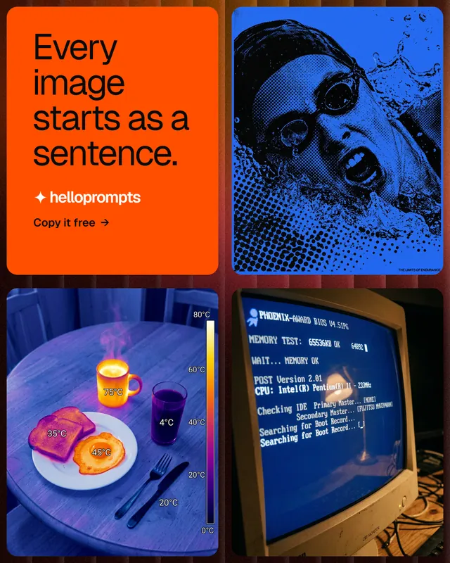 Instagram portrait post for HelloPrompts: "Every image starts as a sentence." Agentic glass style, collage layout, dark palette in blue, red.