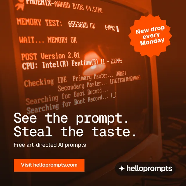 Instagram post for HelloPrompts: "See the prompt. Steal the taste." Swiss style, sticker layout, dark palette in orange, black, brown.