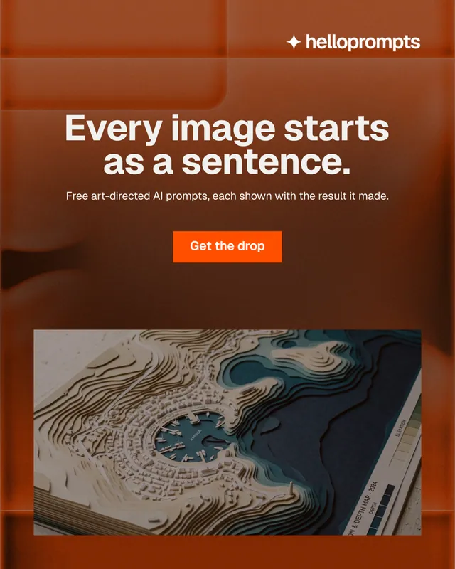 Instagram portrait post for HelloPrompts: "Every image starts as a sentence." Swiss style, centred layout, dark palette in orange, grey.