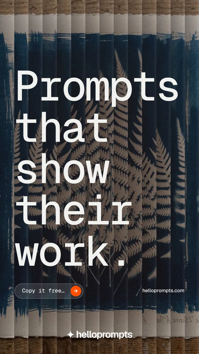 Instagram story for HelloPrompts: "Prompts that show their work." Agentic glass style, poster layout, dark palette in grey, black, blue.