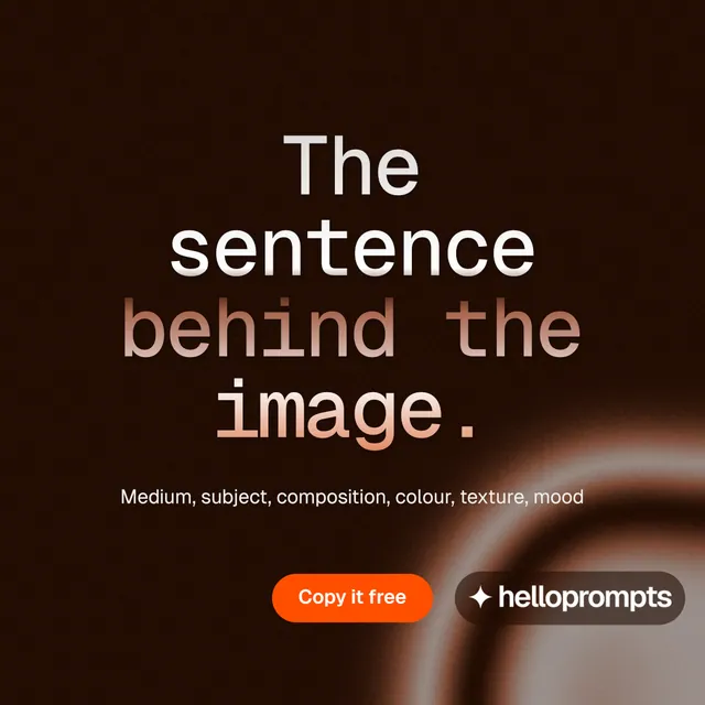 Instagram post for HelloPrompts: "The sentence behind the image." Y2K style, centred layout, dark palette in black, orange.