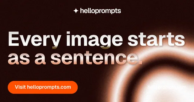 Social ad for HelloPrompts: "Every image starts as a sentence." Y2K style, poster layout, dark palette in black, orange.