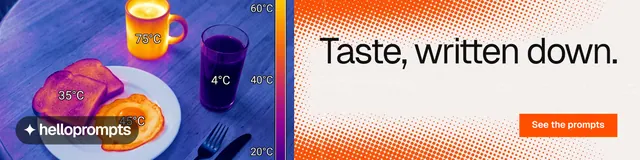 LinkedIn banner for HelloPrompts: "Taste, written down." Split block style, right layout, light palette in white, blue, orange.