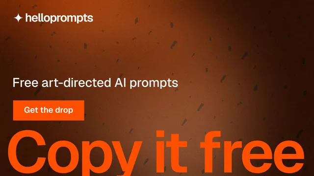 Landscape graphic for HelloPrompts: "Say it like an art director." Swiss style, oversized layout, dark palette in orange, black.