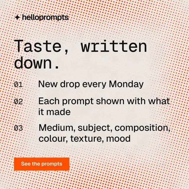 Instagram post for HelloPrompts: "Taste, written down." Swiss style, numbered layout, light palette in orange.