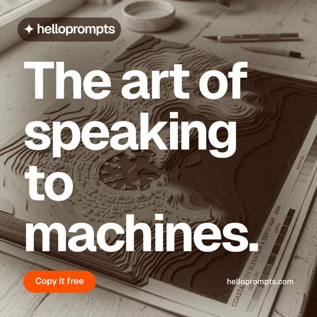 Instagram post for HelloPrompts: "The art of speaking to machines." Photo poster style, poster layout, light palette in orange, grey, white.