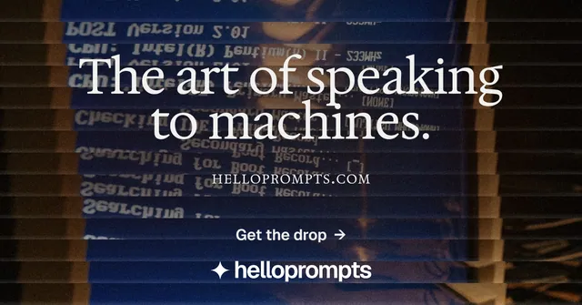 Social ad for HelloPrompts: "The art of speaking to machines." Agentic glass style, smallcaps layout, dark palette in black, blue, grey.