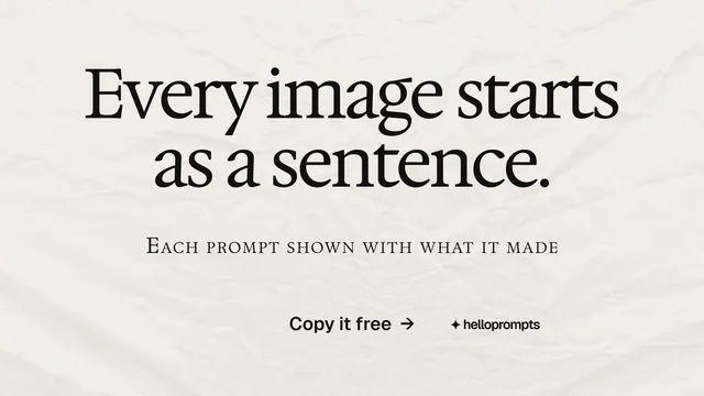 Landscape graphic for HelloPrompts: "Every image starts as a sentence." Swiss style, smallcaps layout, light palette in yellow, white, grey.