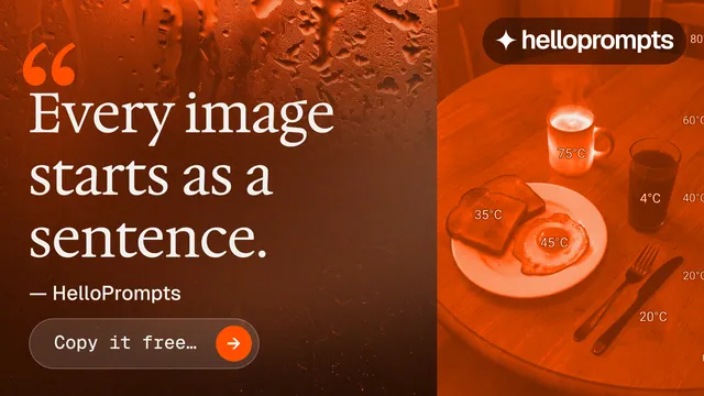 Landscape graphic for HelloPrompts: "The sentence behind the image." Agentic glass style, quote layout, dark palette in orange, brown.