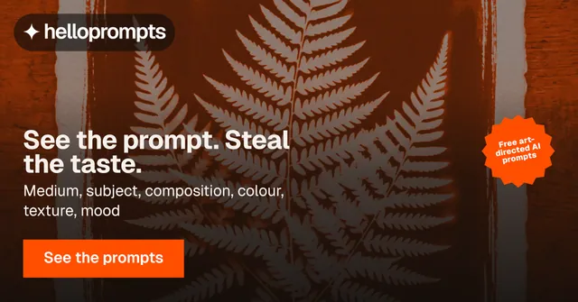 Social ad for HelloPrompts: "See the prompt. Steal the taste." Retro print style, sticker layout, dark palette in black, orange, brown.