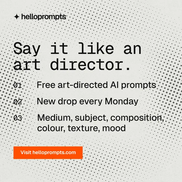Instagram post for HelloPrompts: "Say it like an art director." Swiss style, numbered layout, light palette in white, grey.