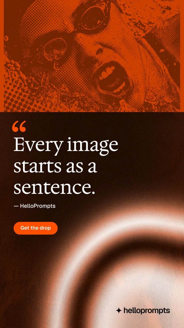 Instagram story for HelloPrompts: "The sentence behind the image." Y2K style, quote layout, dark palette in black, orange, brown.
