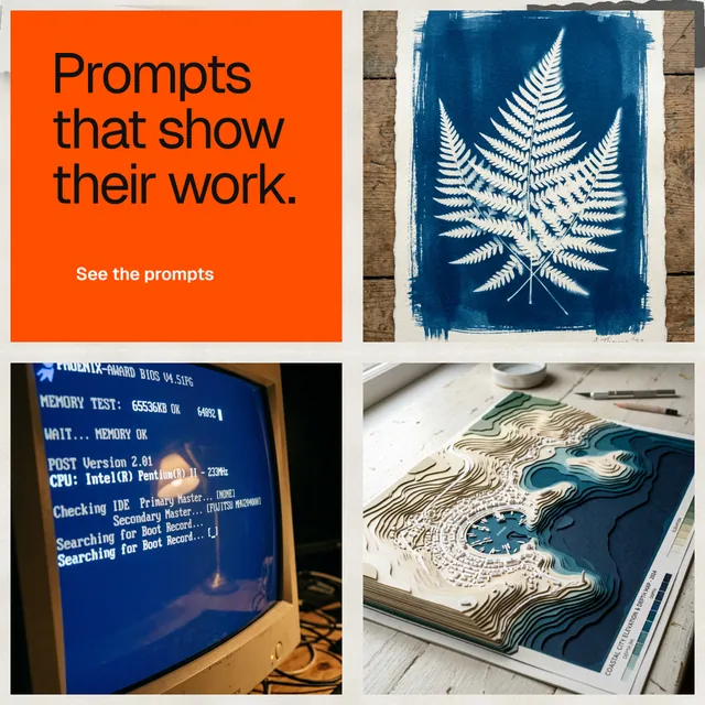 Instagram post for HelloPrompts: "Prompts that show their work." Swiss style, collage layout, light palette in blue, orange, grey.