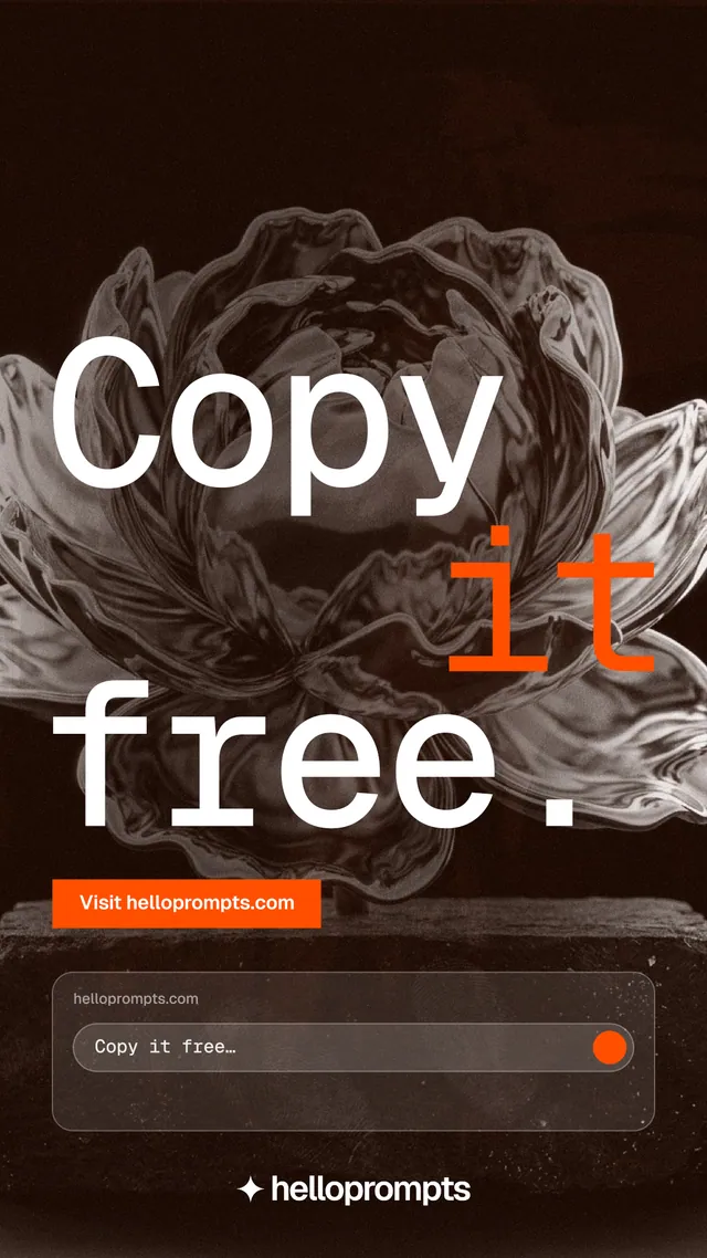 Instagram story for HelloPrompts: "Copy it free." Swiss style, stacked layout, dark palette in black, orange, brown.