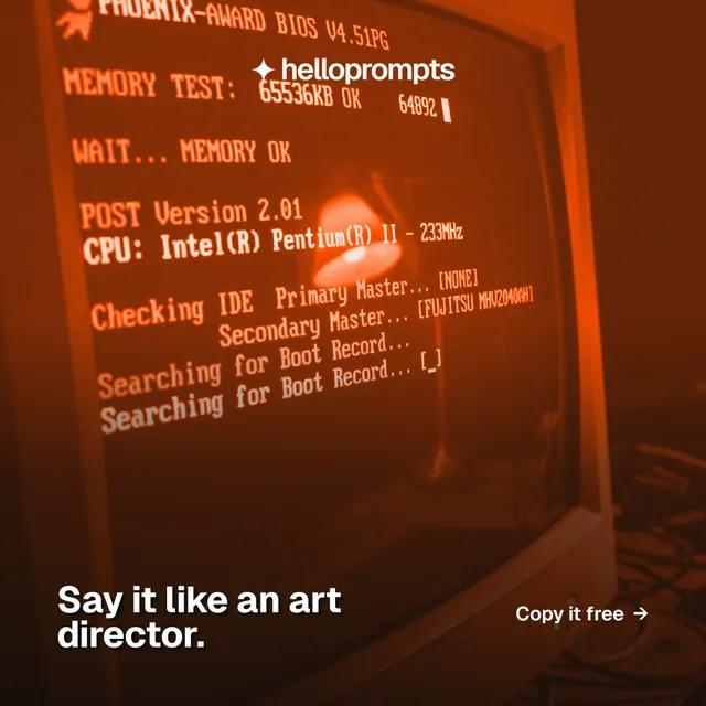 Instagram post for HelloPrompts: "Say it like an art director." Retro print style, image led layout, dark palette in black, orange, brown.