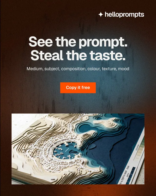 Instagram portrait post for HelloPrompts: "See the prompt. Steal the taste." Swiss style, centred layout, dark palette in grey, black, orange.