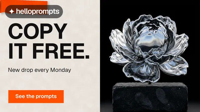 Landscape graphic for HelloPrompts: "Copy it free." Swiss style, bottom layout, light palette in black, orange, grey.