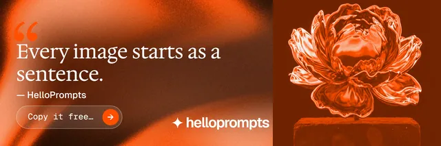 X header for HelloPrompts: "Taste, written down." Agentic glass style, quote layout, dark palette in orange.