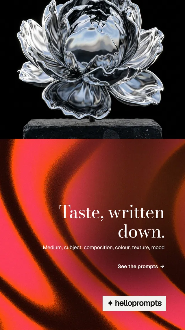 Instagram story for HelloPrompts: "Taste, written down." Minimal luxury style, right layout, dark palette in red, black, grey.