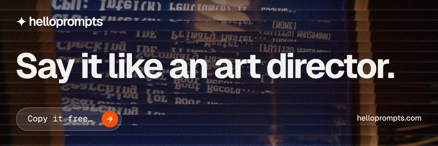 X header for HelloPrompts: "Say it like an art director." Agentic glass style, poster layout, dark palette in black, blue, grey.