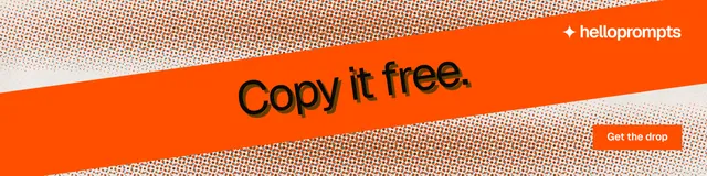 LinkedIn banner for HelloPrompts: "Copy it free." Swiss style, diagonal layout, light palette in orange.