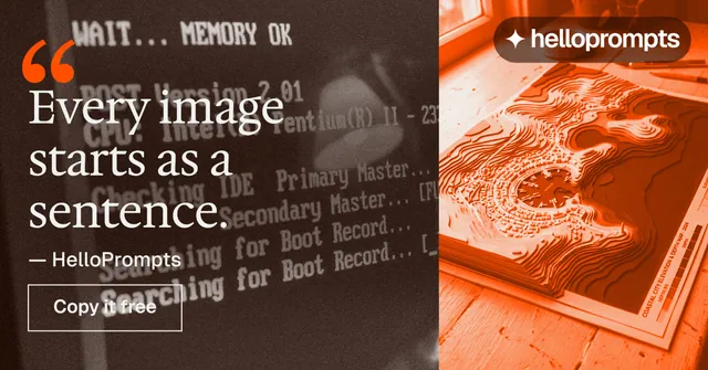 Social ad for HelloPrompts: "Every image starts as a sentence." Editorial style, quote layout, dark palette in orange.
