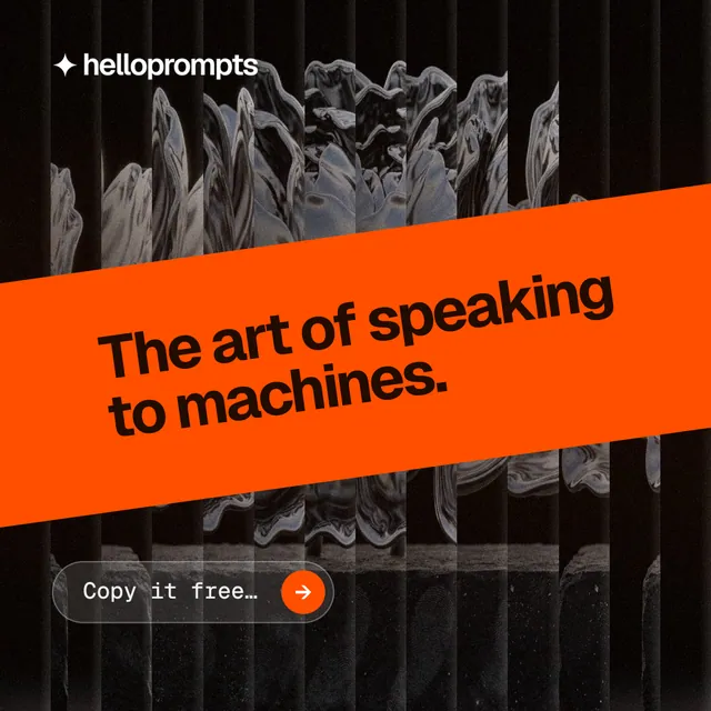 Instagram post for HelloPrompts: "The art of speaking to machines." Agentic glass style, diagonal layout, dark palette in black, orange.