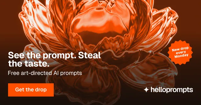 Social ad for HelloPrompts: "See the prompt. Steal the taste." Swiss style, sticker layout, dark palette in orange, black.