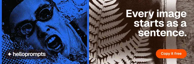 X header for HelloPrompts: "Every image starts as a sentence." Photo poster style, right layout, dark palette in blue, orange, grey.