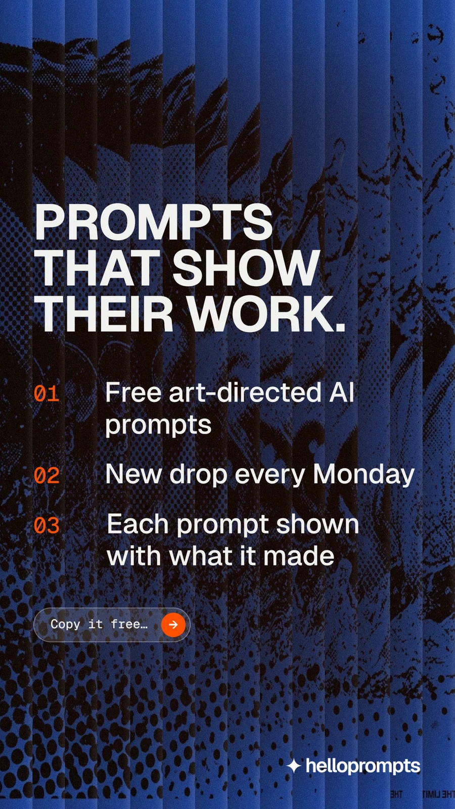 Instagram story for HelloPrompts: "Prompts that show their work." Agentic glass style, numbered layout, dark palette in blue, black, grey.