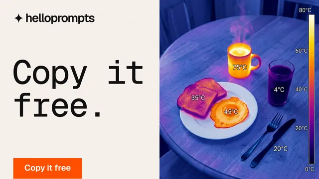 Landscape graphic for HelloPrompts: "Copy it free." Swiss style, bottom layout, light palette in white, blue, orange.