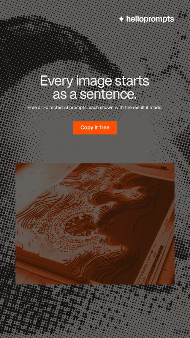 Instagram story for HelloPrompts: "Every image starts as a sentence." Retro print style, centred layout, dark palette in grey, orange.